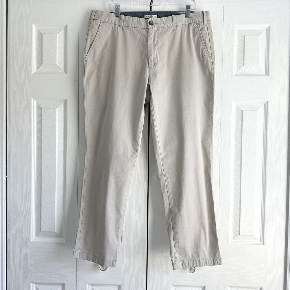 Nautica Pants Mens Size 38/30 Beige Khaki Chino Deck Classic Slim Fit Stretch